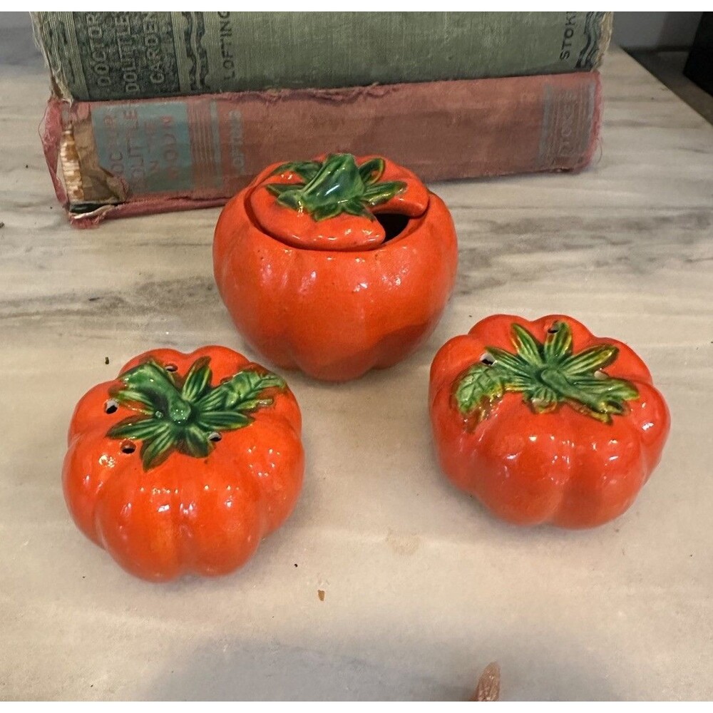 Collectible Pumpkin salt and pepper shakers Sugar Bowl vintage 1950s Kitsch